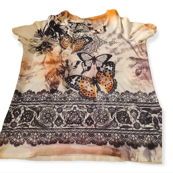 Avenue Tops - Special Tees-Avenue-Womens Butterflies & Rhinestones Shirt 14/16 Brown & Black.
